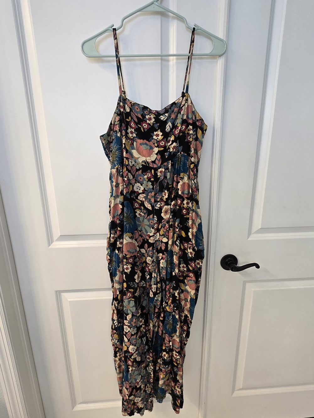 NATURAL LIFE Black Floral Spaghetti-Strap Jumpsuit with Pink and Blue Blooms